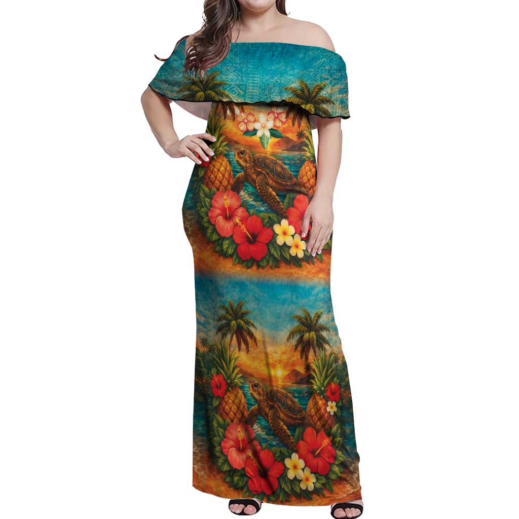 Hawaiian Turtles on Beach Off Shoulder Maxi Dress with Pineapple Tropical Plant and Lei LT03 Women Multicolor - Polynesian Pride