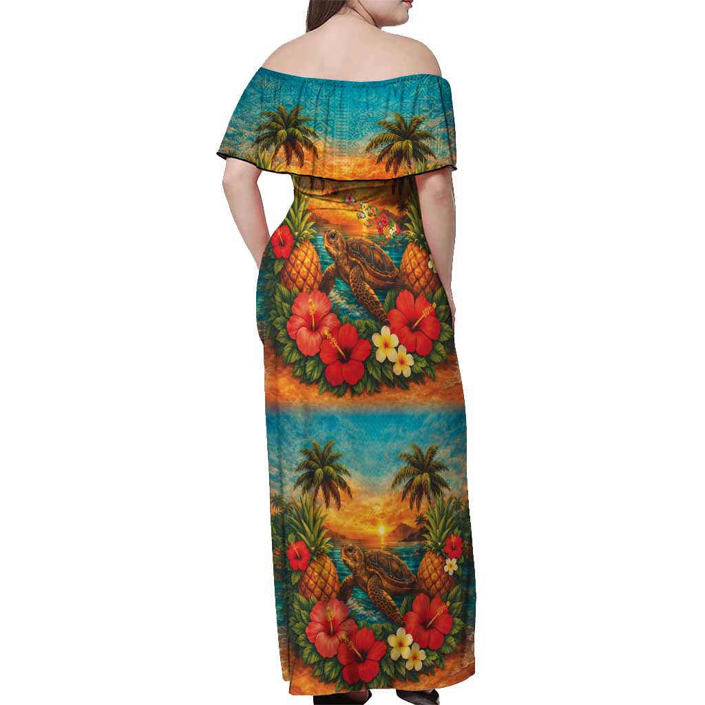 Hawaiian Turtles on Beach Off Shoulder Maxi Dress with Pineapple Tropical Plant and Lei LT03 - Polynesian Pride