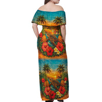 Hawaiian Turtles on Beach Off Shoulder Maxi Dress with Pineapple Tropical Plant and Lei LT03 - Polynesian Pride
