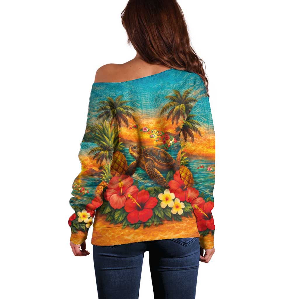 Hawaiian Turtles on Beach Off Shoulder Sweater with Pineapple Tropical Plant and Lei