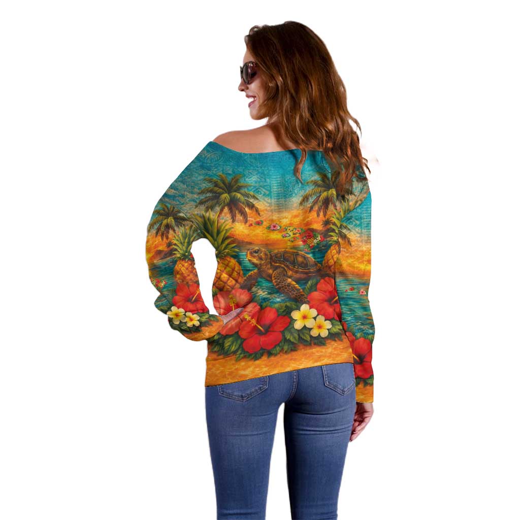 Hawaiian Turtles on Beach Off Shoulder Sweater with Pineapple Tropical Plant and Lei