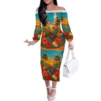Hawaiian Turtles on Beach Off The Shoulder Long Sleeve Dress with Pineapple Tropical Plant and Lei