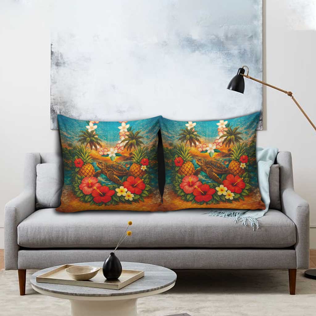 Hawaiian Turtles on Beach Pillow Cover with Pineapple Tropical Plant and Lei