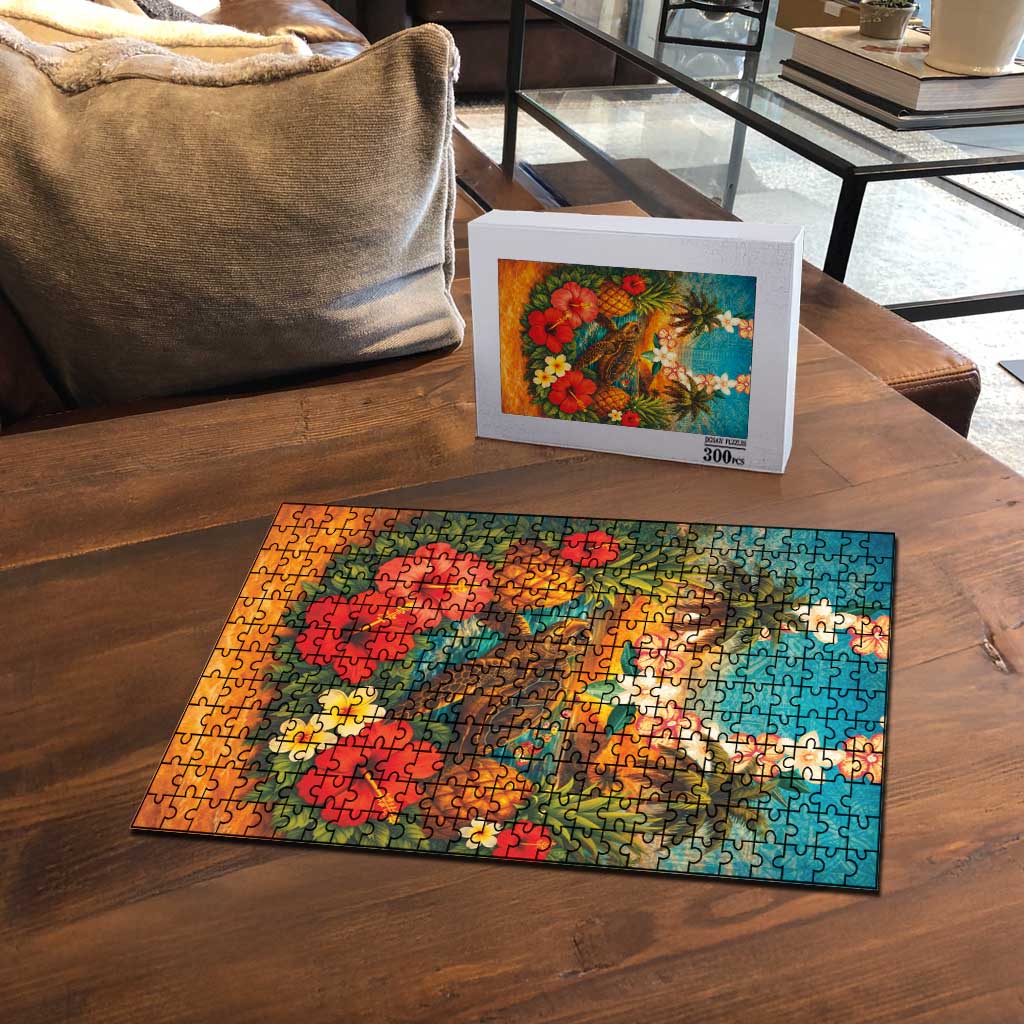 Hawaiian Turtles on Beach Puzzle with Pineapple Tropical Plant and Lei