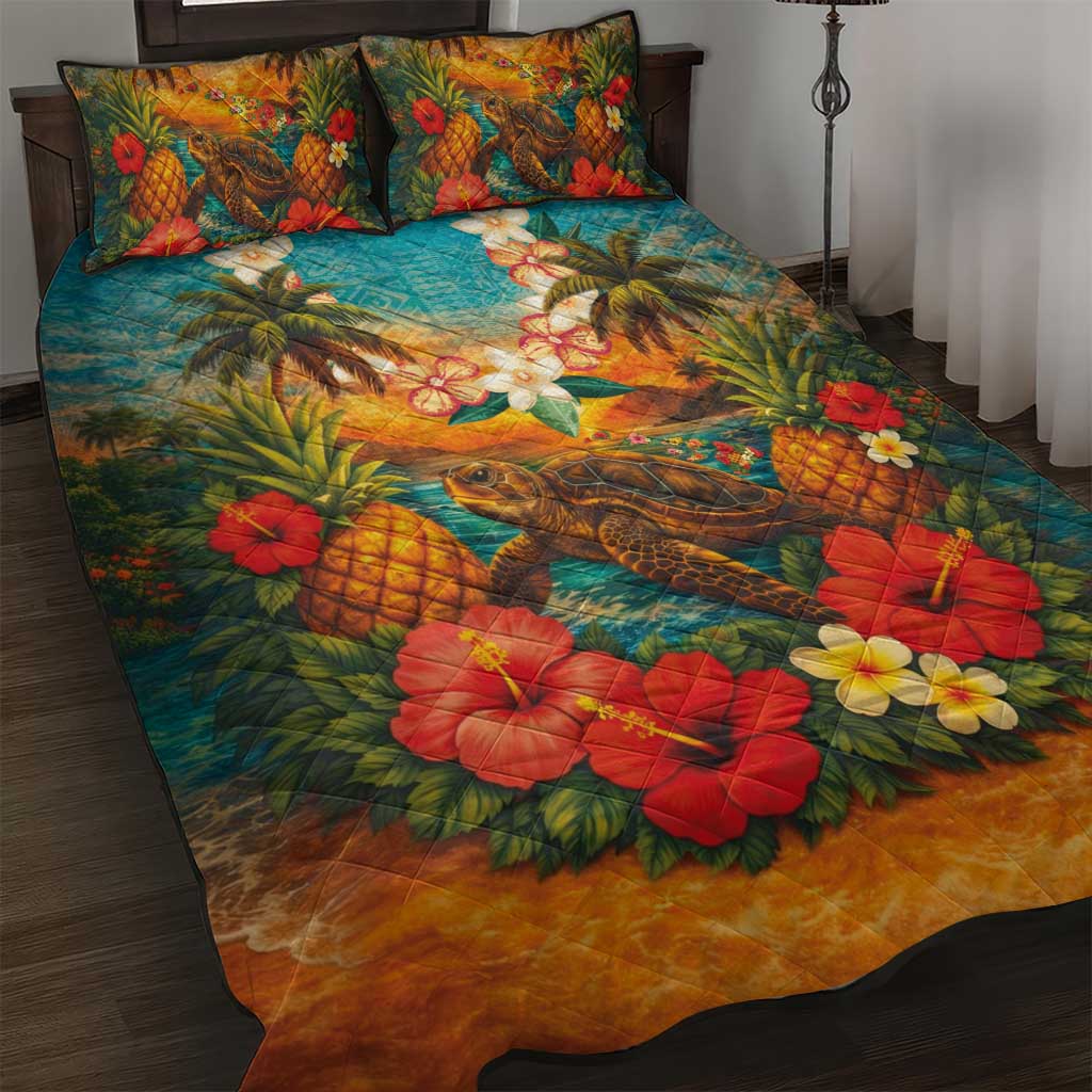 Hawaiian Turtles on Beach Quilt Bed Set with Pineapple Tropical Plant and Lei