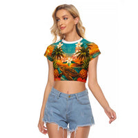 Hawaiian Turtles on Beach Raglan Cropped T Shirt with Pineapple Tropical Plant and Lei LT03 Female Multicolor - Polynesian Pride