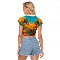 Hawaiian Turtles on Beach Raglan Cropped T Shirt with Pineapple Tropical Plant and Lei LT03 - Polynesian Pride