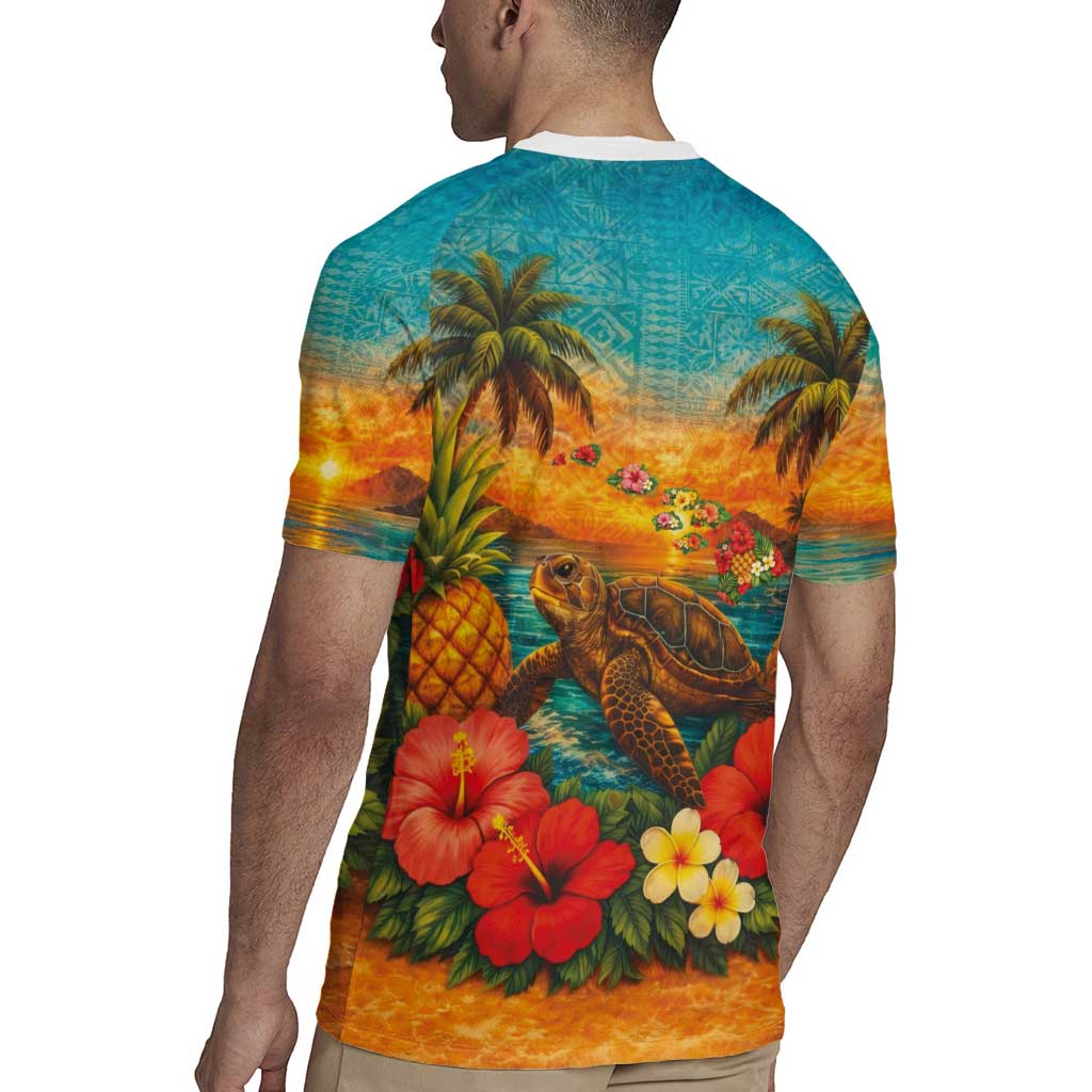 Hawaiian Turtles on Beach Rugby Jersey with Pineapple Tropical Plant and Lei