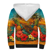 Hawaiian Turtles on Beach Sherpa Hoodie with Pineapple Tropical Plant and Lei