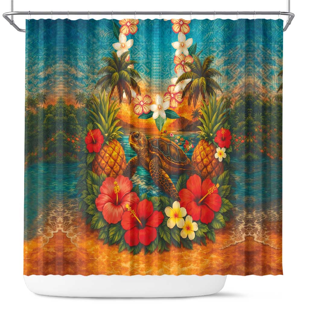 Hawaiian Turtles on Beach Shower Curtain with Pineapple Tropical Plant and Lei LT03 Multicolor - Polynesian Pride