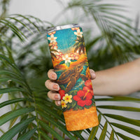 Hawaiian Turtles on Beach Skinny Tumbler with Pineapple Tropical Plant and Lei