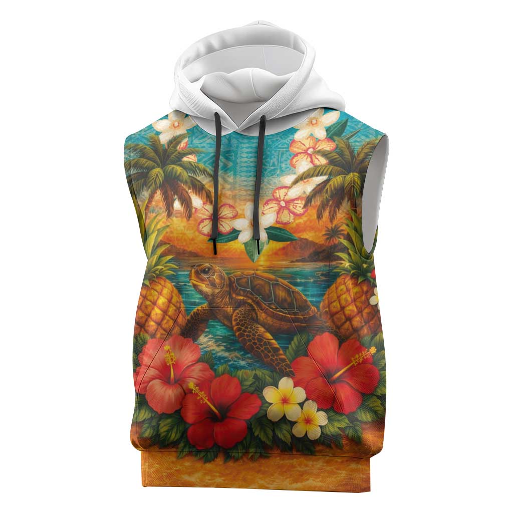Hawaiian Turtles on Beach Sleeveless Hoodie with Pineapple Tropical Plant and Lei LT03 Multicolor - Polynesian Pride