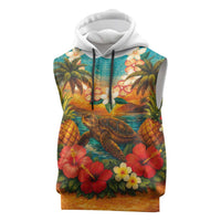Hawaiian Turtles on Beach Sleeveless Hoodie with Pineapple Tropical Plant and Lei LT03 Multicolor - Polynesian Pride