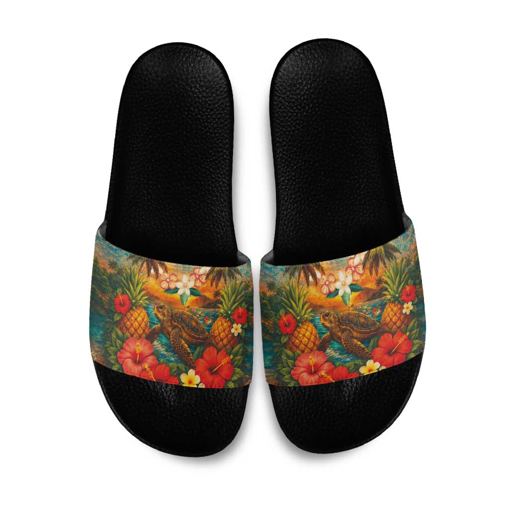 Hawaiian Turtles on Beach Slide Sandals with Pineapple Tropical Plant and Lei LT03 Multicolor - Polynesian Pride
