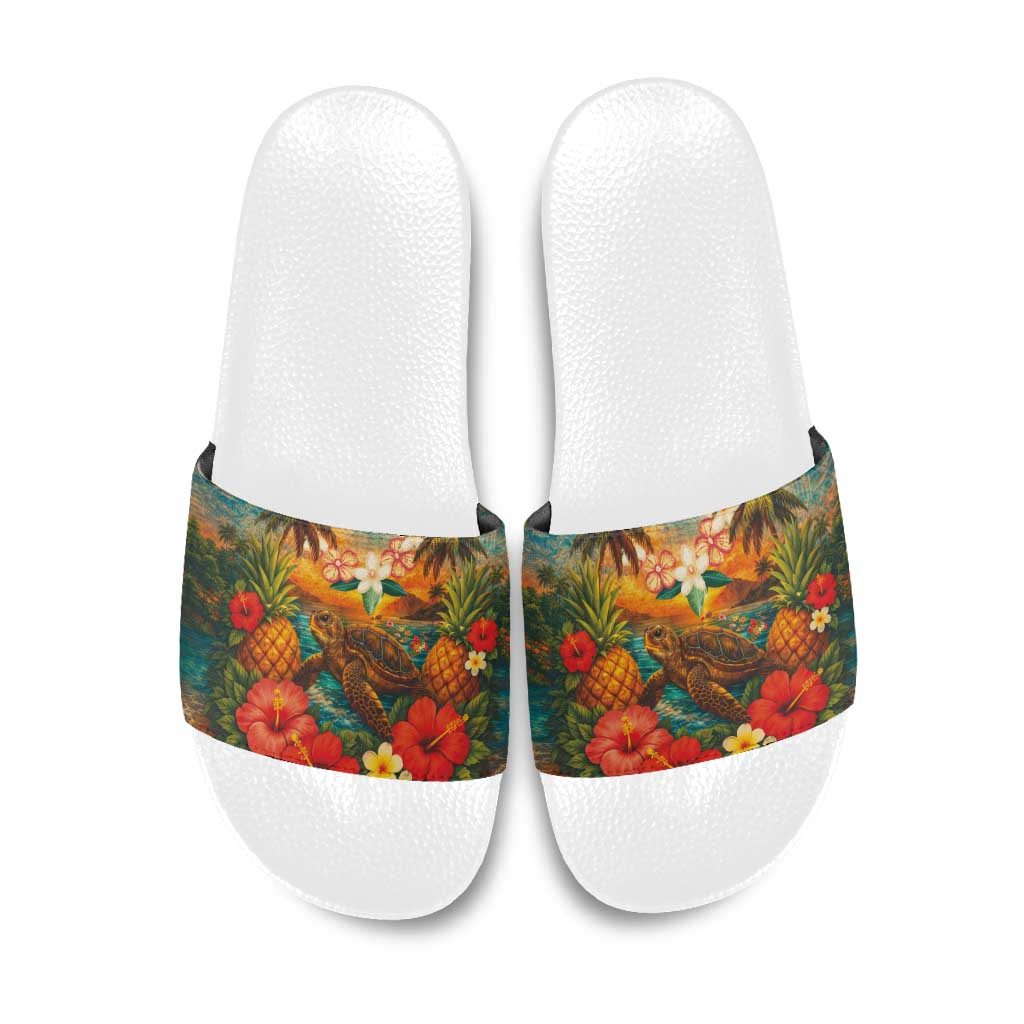 Hawaiian Turtles on Beach Slide Sandals with Pineapple Tropical Plant and Lei LT03 Multicolor - Polynesian Pride