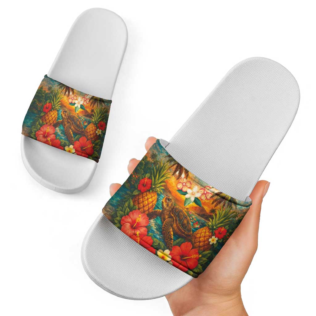 Hawaiian Turtles on Beach Slide Sandals with Pineapple Tropical Plant and Lei LT03 - Polynesian Pride