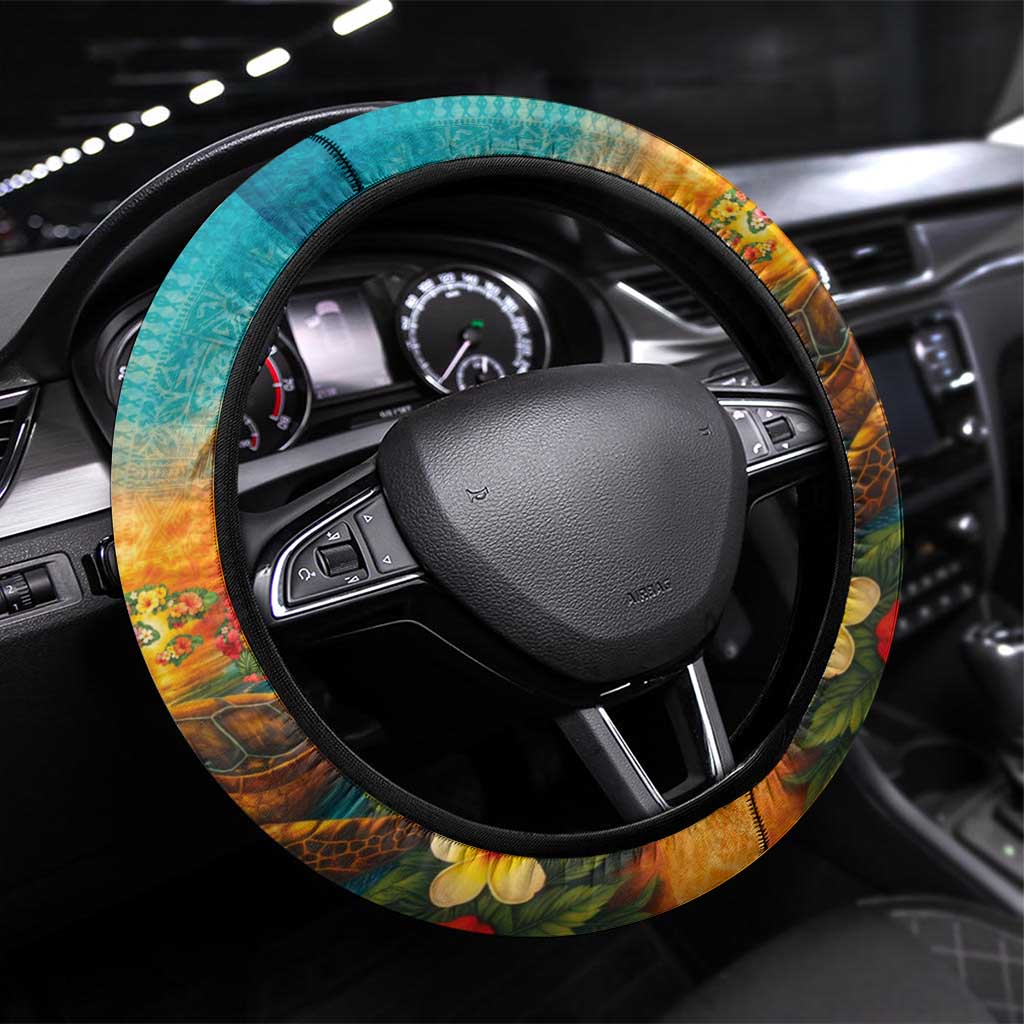 Hawaiian Turtles on Beach Steering Wheel Cover with Pineapple Tropical Plant and Lei LT03 Universal Fit Multicolor - Polynesian Pride