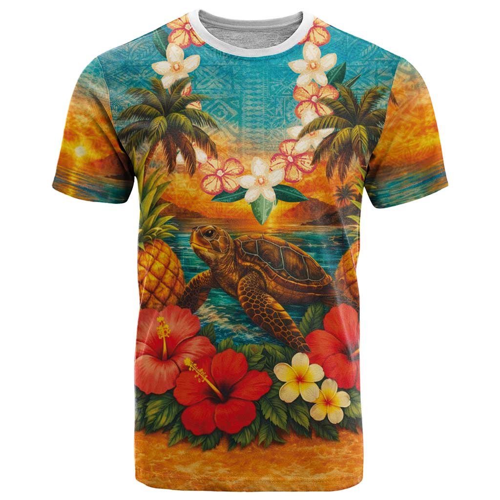 Hawaiian Turtles on Beach T Shirt with Pineapple Tropical Plant and Lei LT03 Multicolor - Polynesian Pride