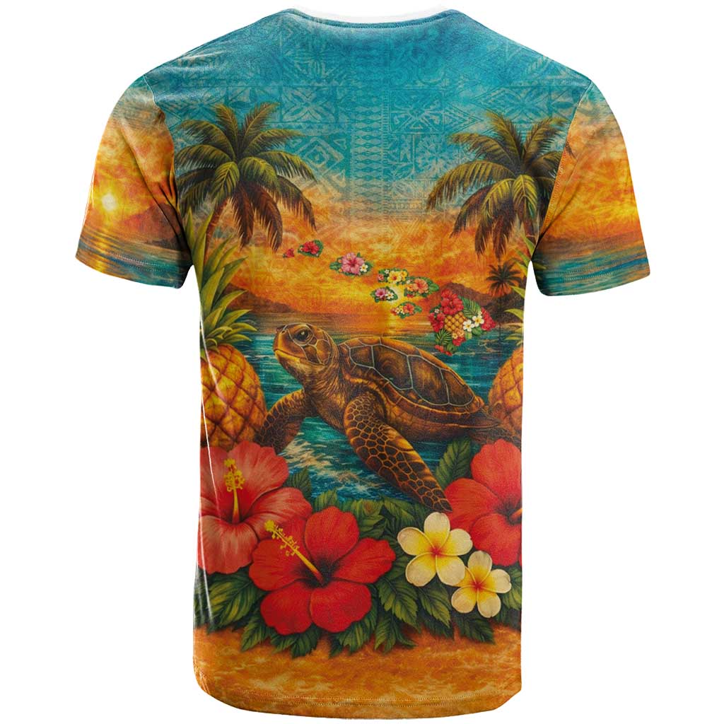 Hawaiian Turtles on Beach T Shirt with Pineapple Tropical Plant and Lei LT03 - Polynesian Pride