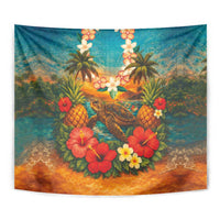 Hawaiian Turtles on Beach Tapestry with Pineapple Tropical Plant and Lei