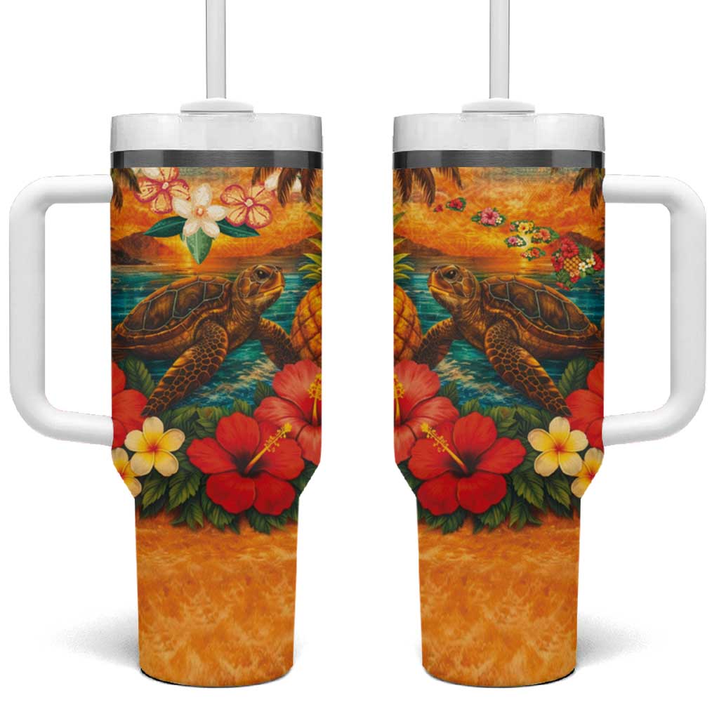 Hawaiian Turtles on Beach Tumbler With Handle with Pineapple Tropical Plant and Lei