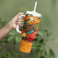 Hawaiian Turtles on Beach Tumbler With Handle with Pineapple Tropical Plant and Lei