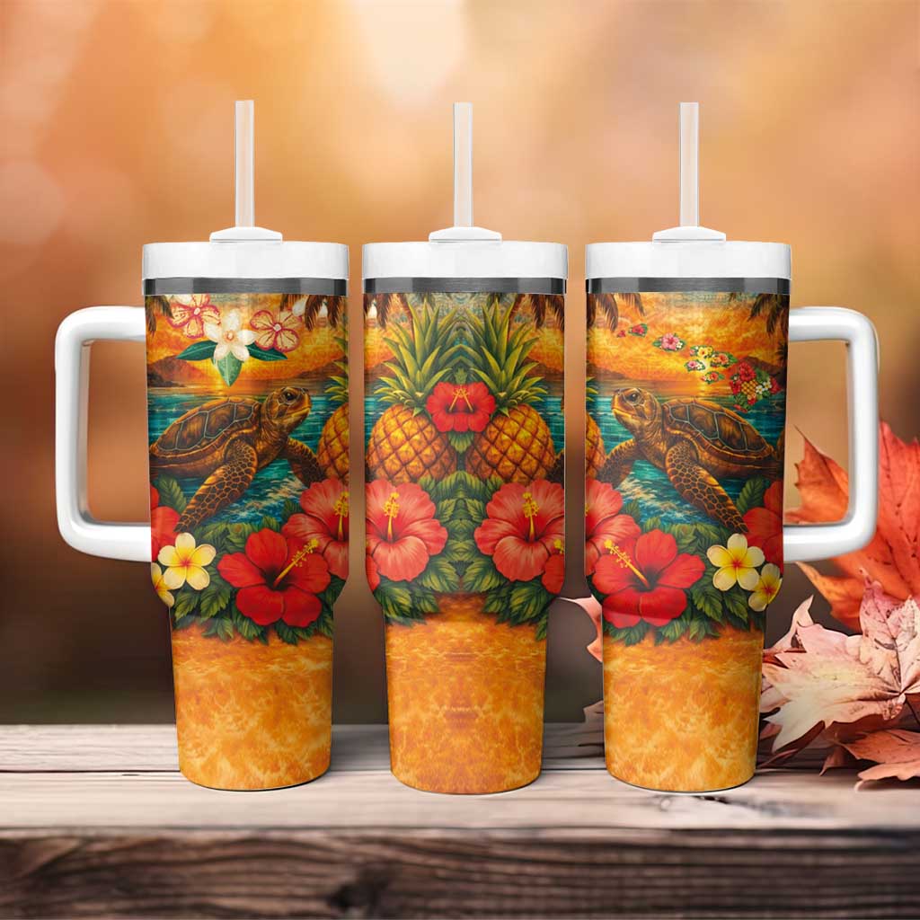 Hawaiian Turtles on Beach Tumbler With Handle with Pineapple Tropical Plant and Lei