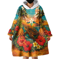 Hawaiian Turtles on Beach Wearable Blanket Hoodie with Pineapple Tropical Plant and Lei LT03 - Polynesian Pride