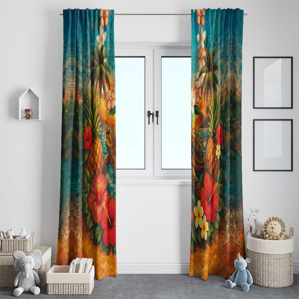 Hawaiian Turtles on Beach Window Curtain with Pineapple Tropical Plant and Lei