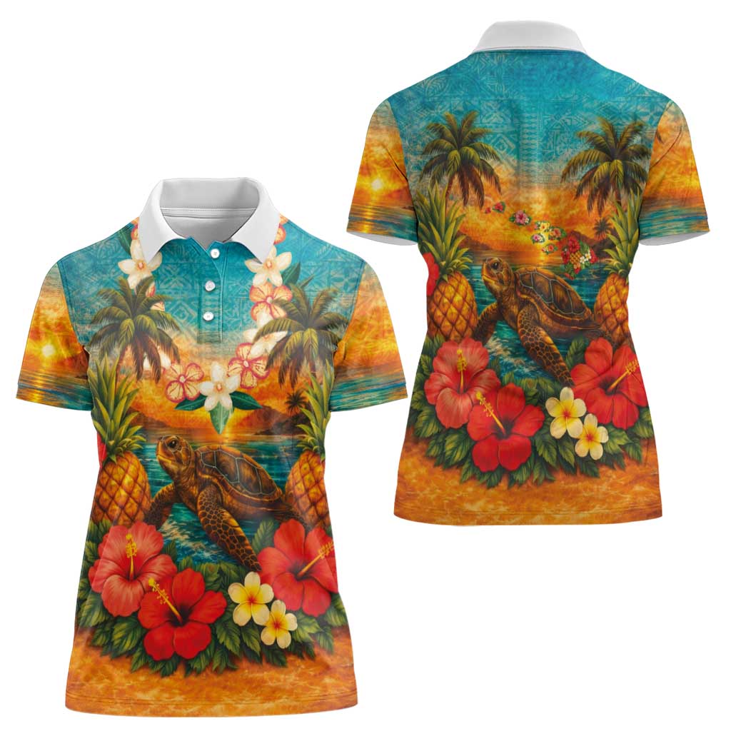 Hawaiian Turtles on Beach Women Polo Shirt with Pineapple Tropical Plant and Lei