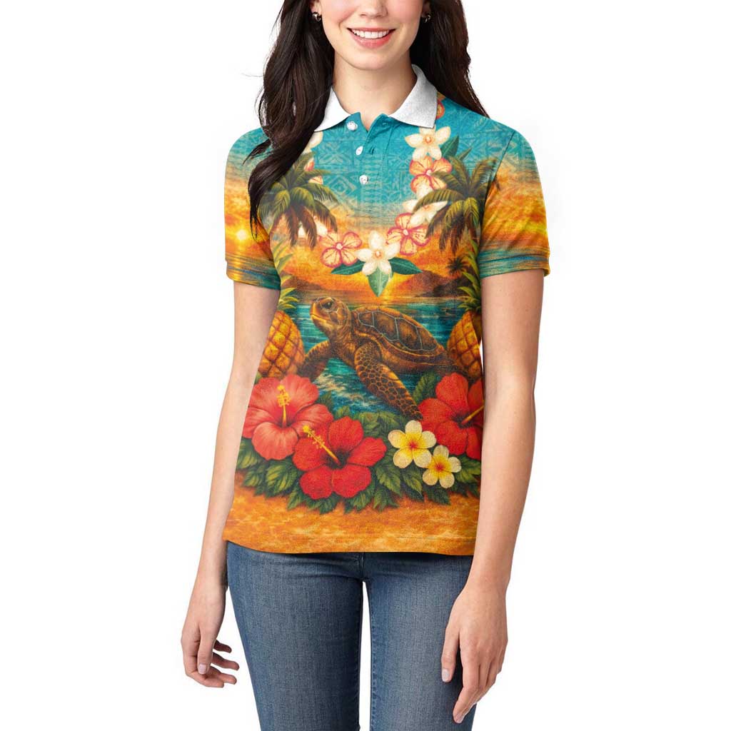 Hawaiian Turtles on Beach Women Polo Shirt with Pineapple Tropical Plant and Lei