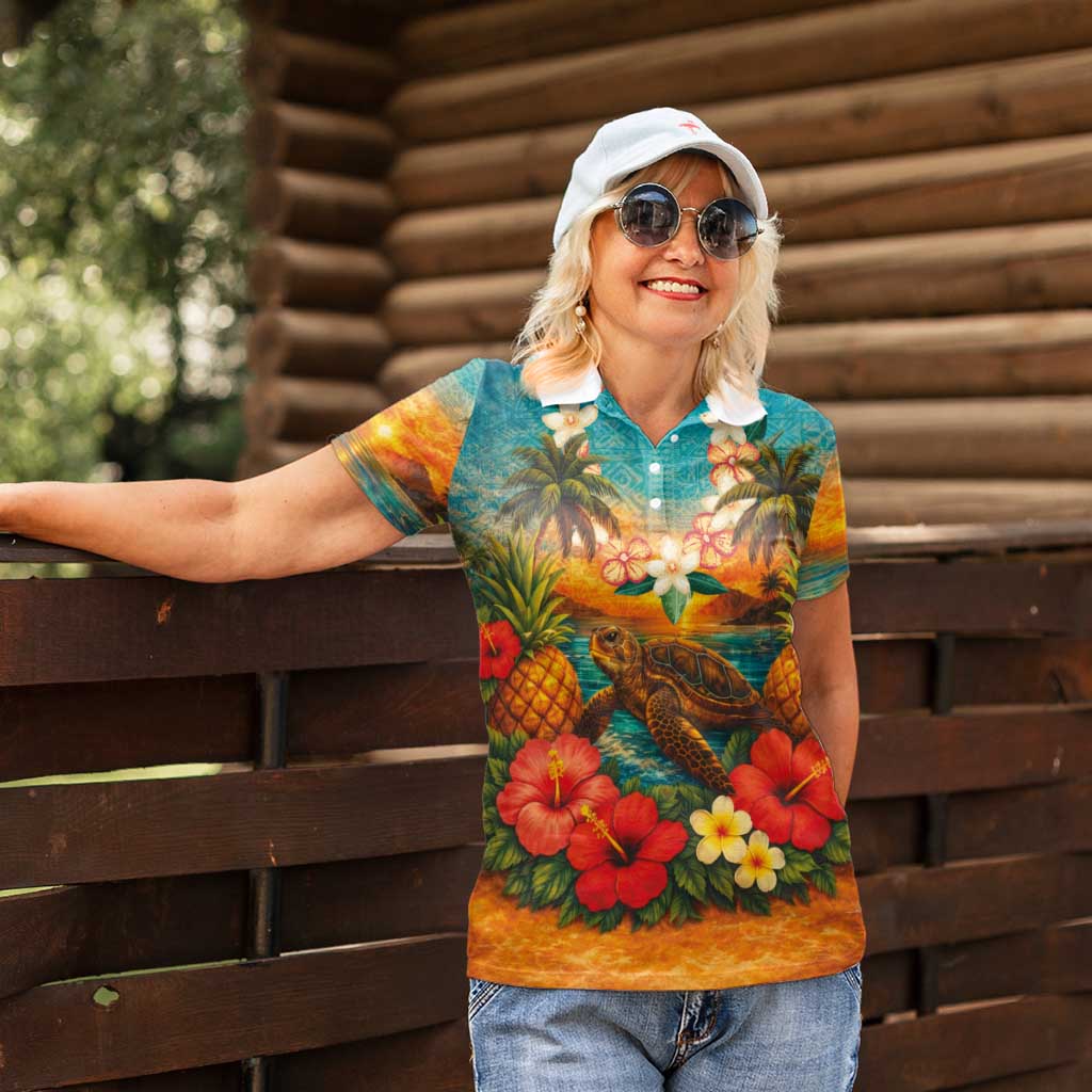 Hawaiian Turtles on Beach Women Polo Shirt with Pineapple Tropical Plant and Lei