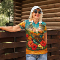 Hawaiian Turtles on Beach Women Polo Shirt with Pineapple Tropical Plant and Lei