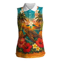 Hawaiian Turtles on Beach Women Sleeveless Polo Shirt with Pineapple Tropical Plant and Lei