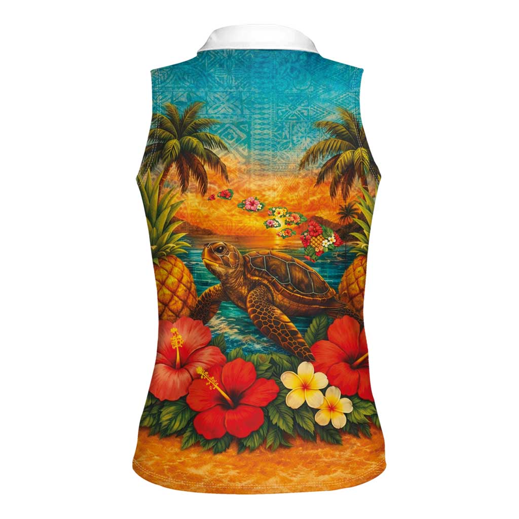 Hawaiian Turtles on Beach Women Sleeveless Polo Shirt with Pineapple Tropical Plant and Lei