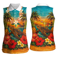 Hawaiian Turtles on Beach Women Sleeveless Polo Shirt with Pineapple Tropical Plant and Lei