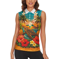 Hawaiian Turtles on Beach Women Sleeveless Polo Shirt with Pineapple Tropical Plant and Lei