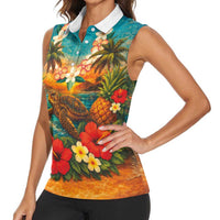 Hawaiian Turtles on Beach Women Sleeveless Polo Shirt with Pineapple Tropical Plant and Lei