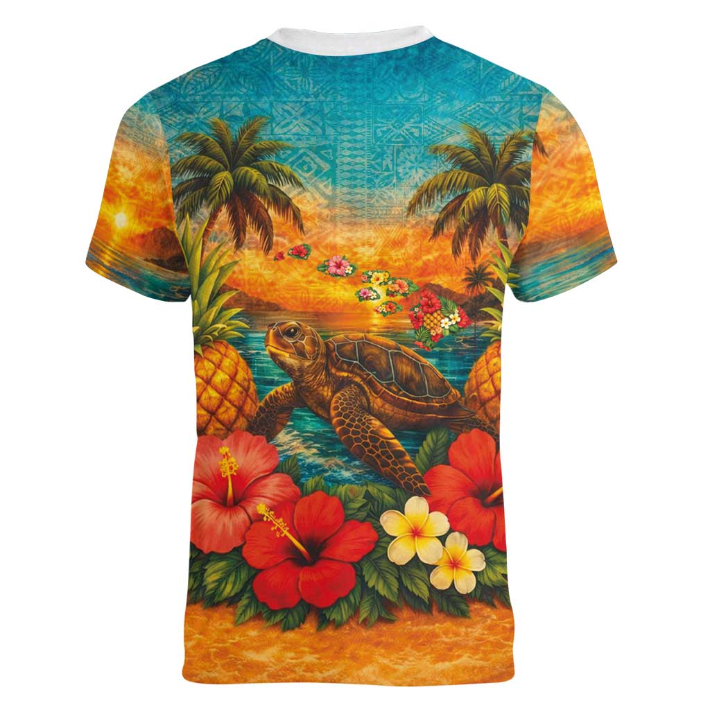 Hawaiian Turtles on Beach Women V-Neck T-Shirt with Pineapple Tropical Plant and Lei