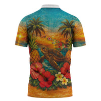 Hawaiian Turtles on Beach Zipper Polo Shirt with Pineapple Tropical Plant and Lei