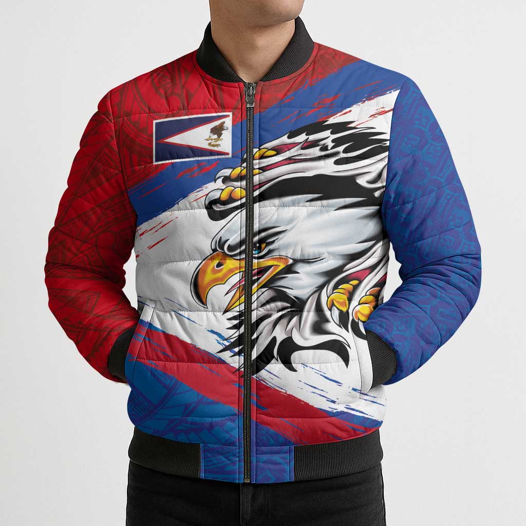 American Samoa Flag Day Bomber Puffer Jacket Polynesian Art Geometric with Flag Brush Style
