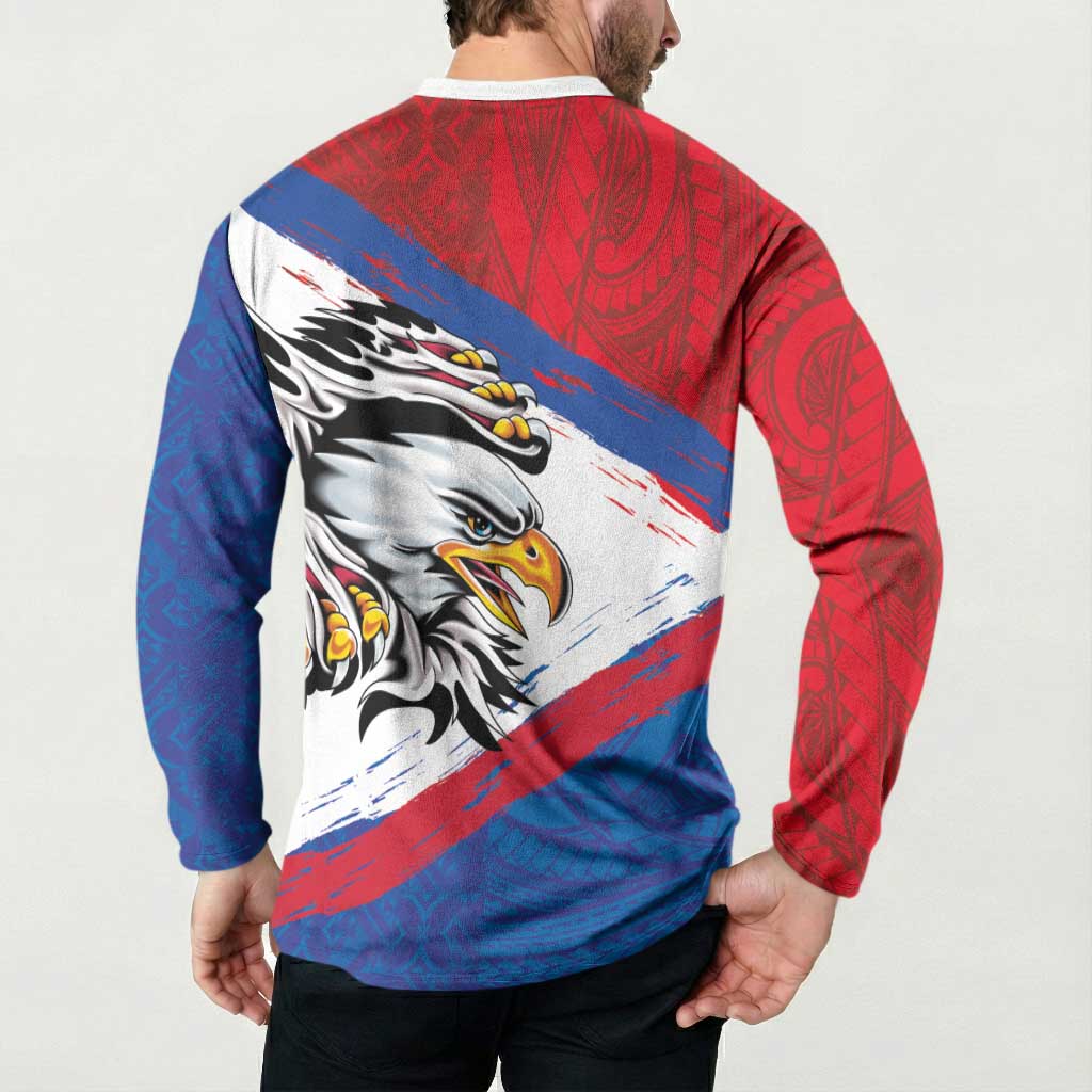 American Samoa Flag Day Button Sweatshirt Polynesian Art Geometric with Flag Brush Style