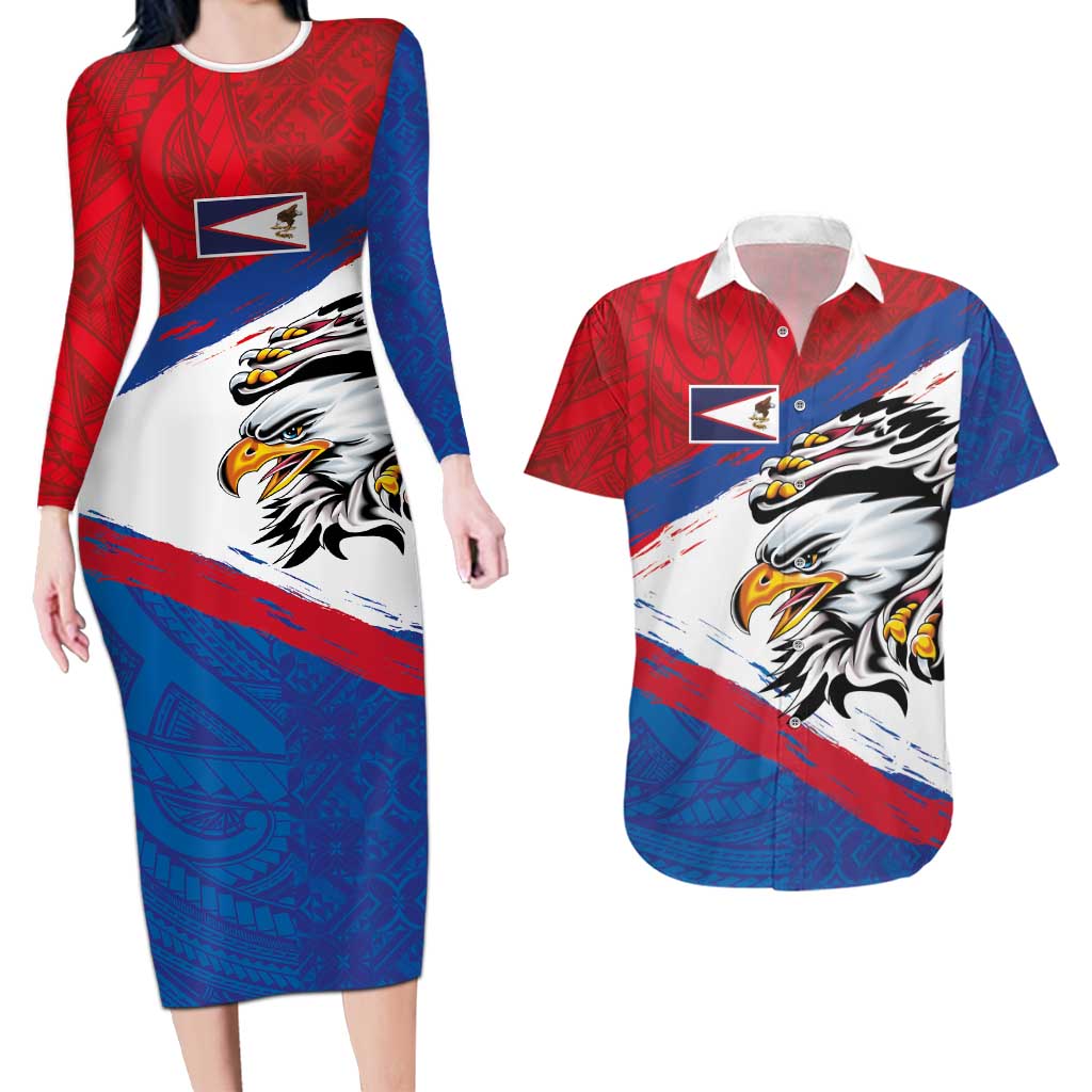 American Samoa Flag Day Couples Matching Long Sleeve Bodycon Dress and Hawaiian Shirt Polynesian Art Geometric with Flag Brush Style