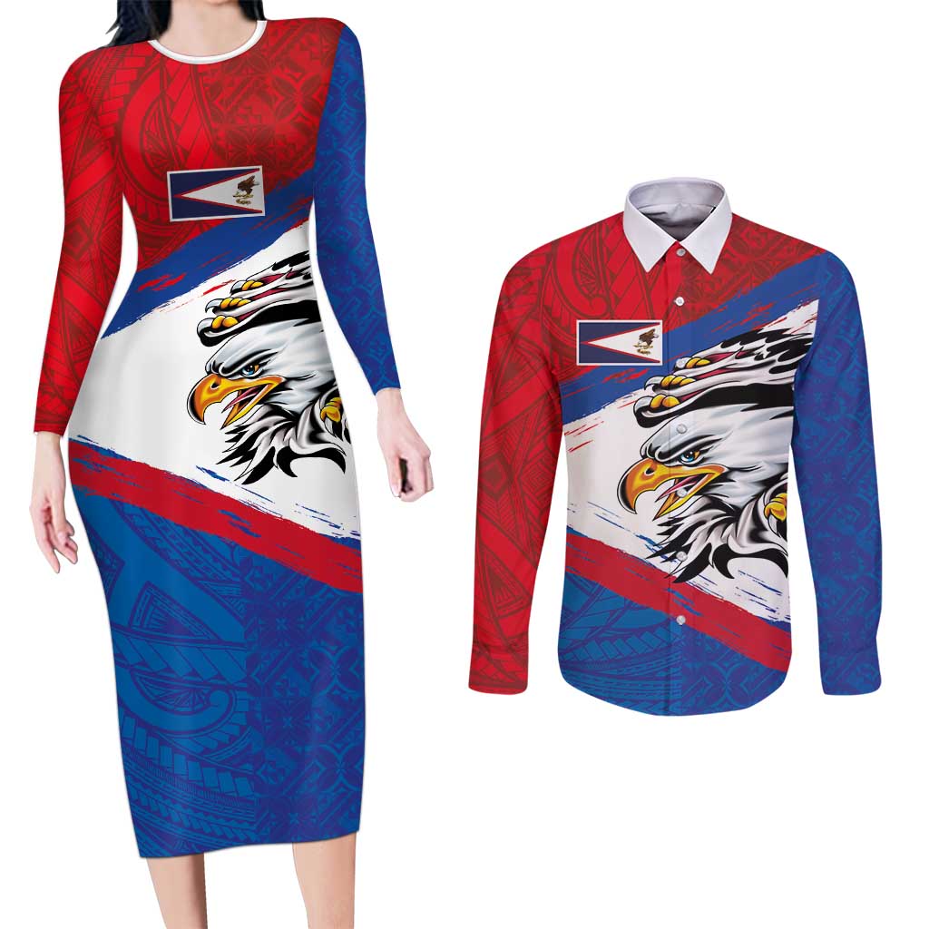 American Samoa Flag Day Couples Matching Long Sleeve Bodycon Dress and Long Sleeve Button Shirt Polynesian Art Geometric with Flag Brush Style