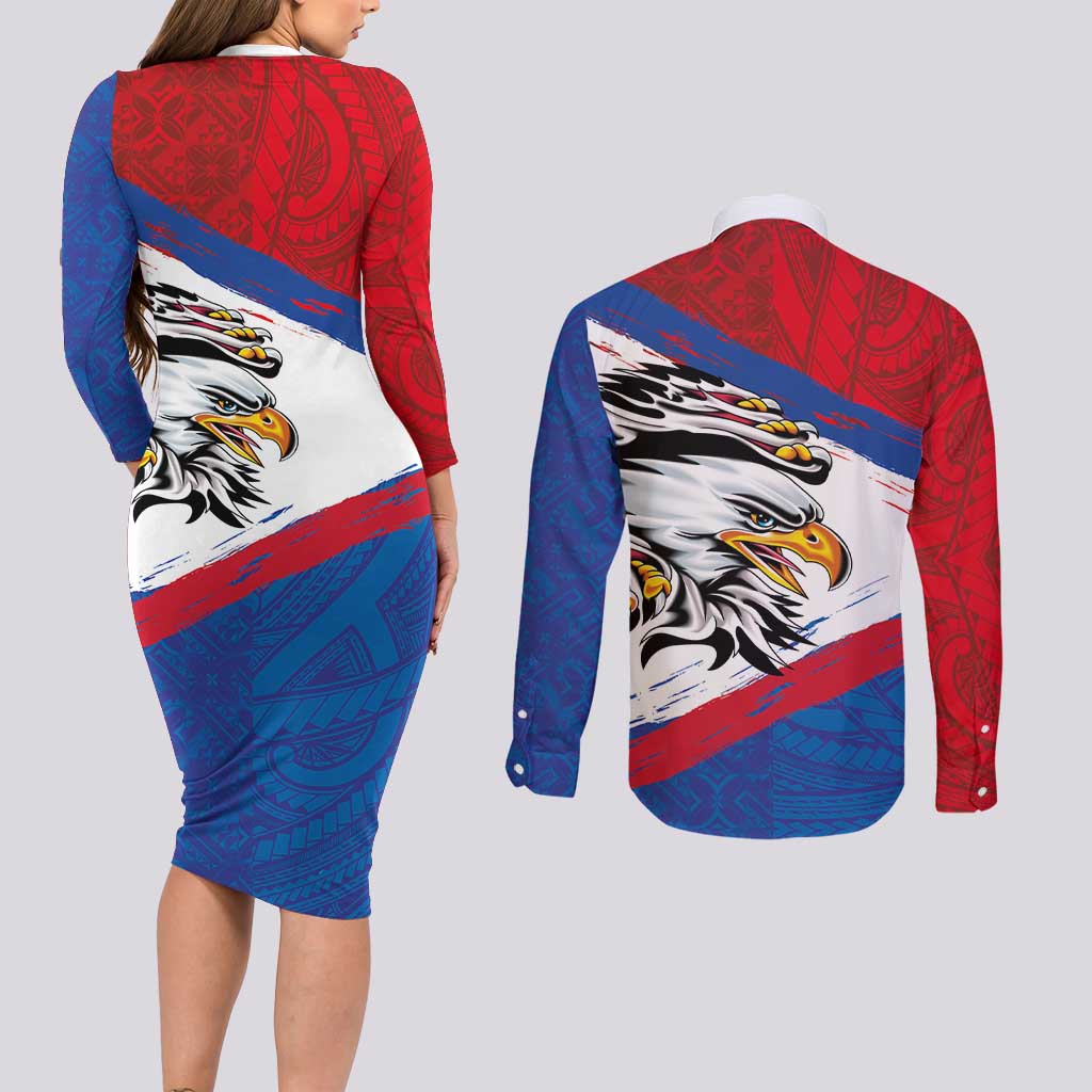 American Samoa Flag Day Couples Matching Long Sleeve Bodycon Dress and Long Sleeve Button Shirt Polynesian Art Geometric with Flag Brush Style