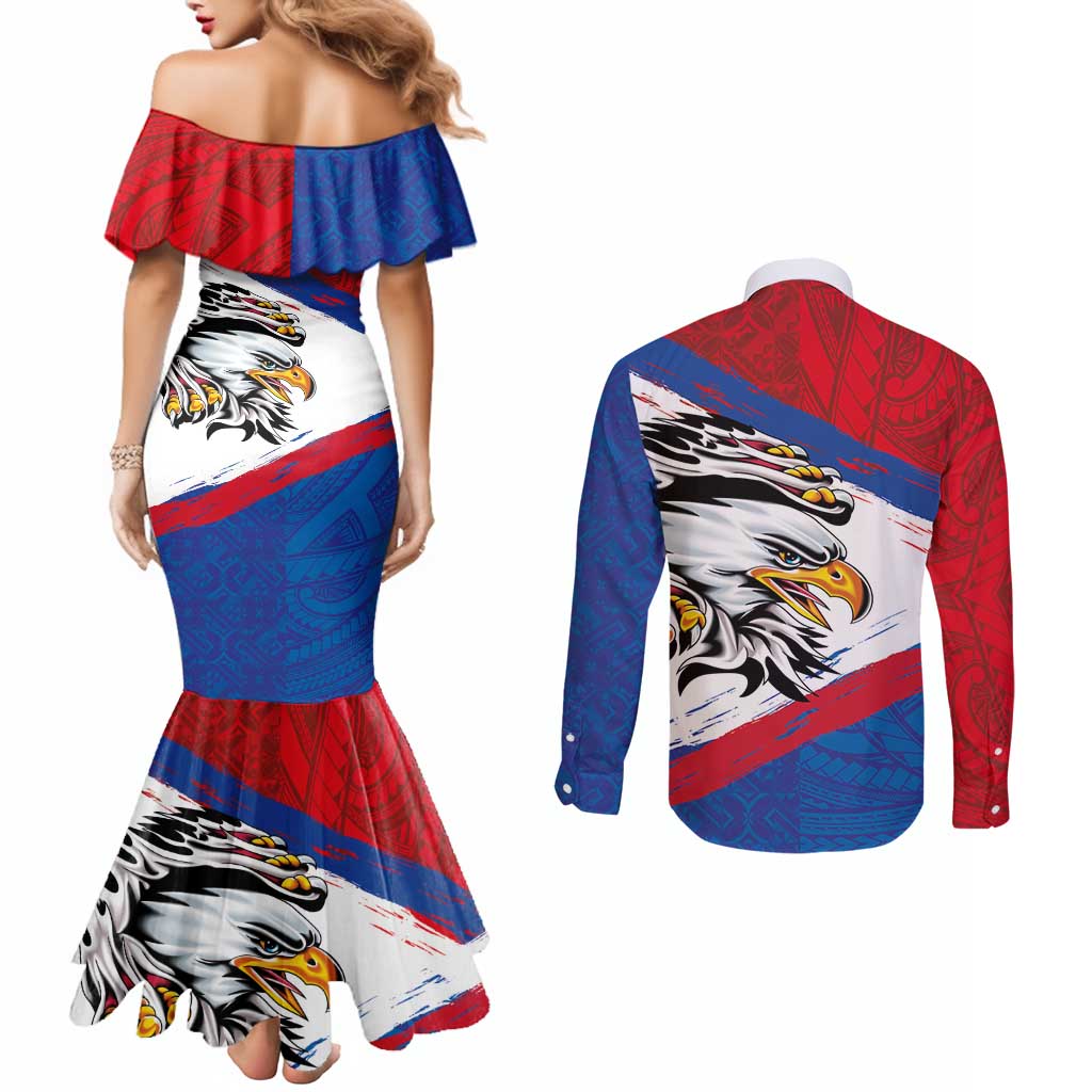 American Samoa Flag Day Couples Matching Mermaid Dress and Long Sleeve Button Shirt Polynesian Art Geometric with Flag Brush Style