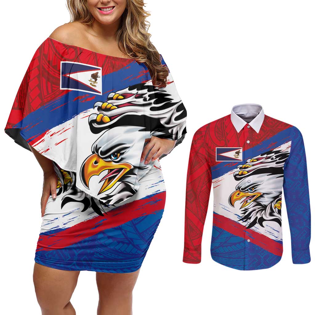 American Samoa Flag Day Couples Matching Off Shoulder Short Dress and Long Sleeve Button Shirt Polynesian Art Geometric with Flag Brush Style