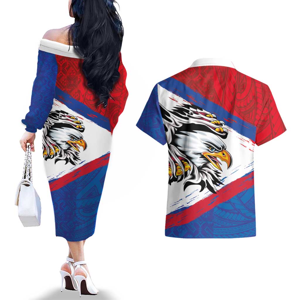 American Samoa Flag Day Couples Matching Off The Shoulder Long Sleeve Dress and Hawaiian Shirt Polynesian Art Geometric with Flag Brush Style