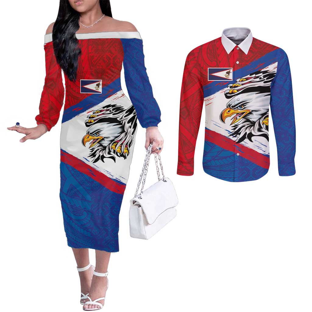 American Samoa Flag Day Couples Matching Off The Shoulder Long Sleeve Dress and Long Sleeve Button Shirt Polynesian Art Geometric with Flag Brush Style
