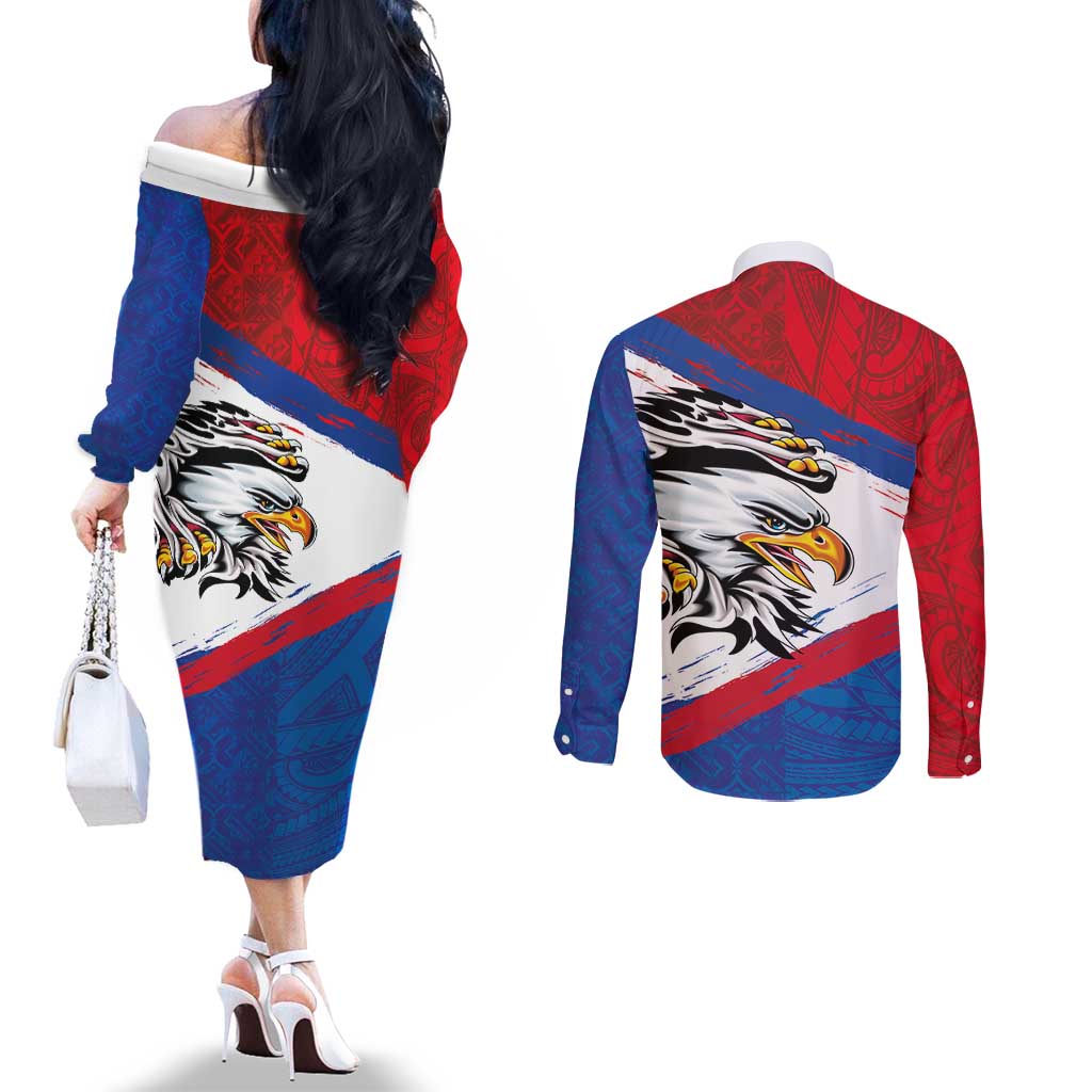 American Samoa Flag Day Couples Matching Off The Shoulder Long Sleeve Dress and Long Sleeve Button Shirt Polynesian Art Geometric with Flag Brush Style